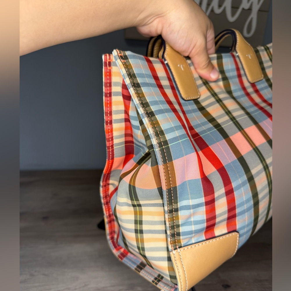Tory Burch Plaid Tote Bag in Multicolor with Tan Leather Trim - Picture 11 of 16